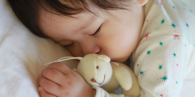 ぬいぐるみと寝る赤ちゃん